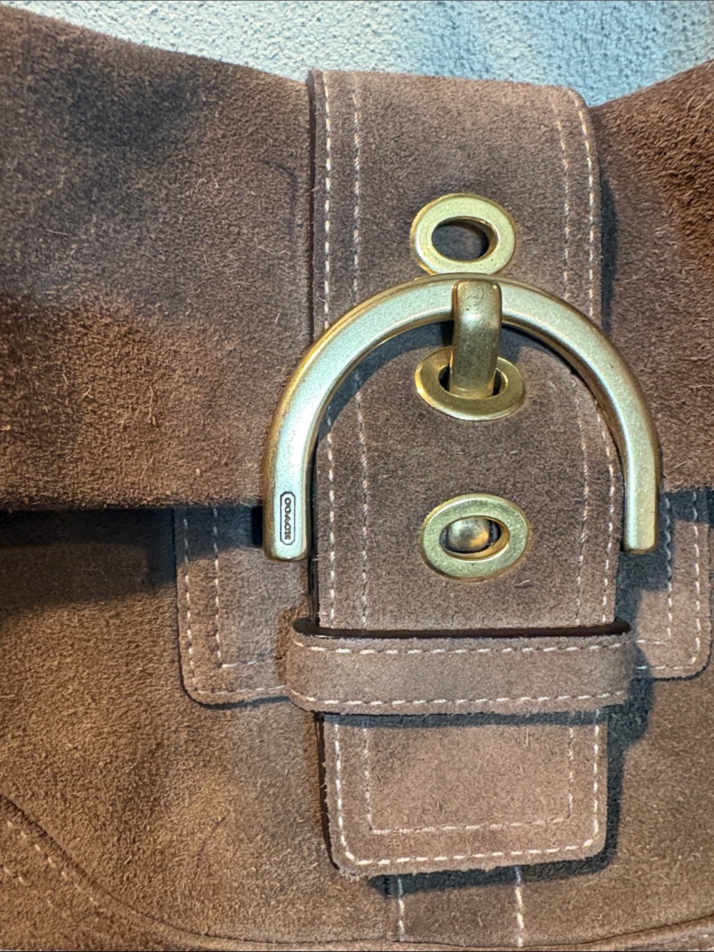 Coach Brown Suede Shoulder Bag with Brass Accents - Picture 2 of 9